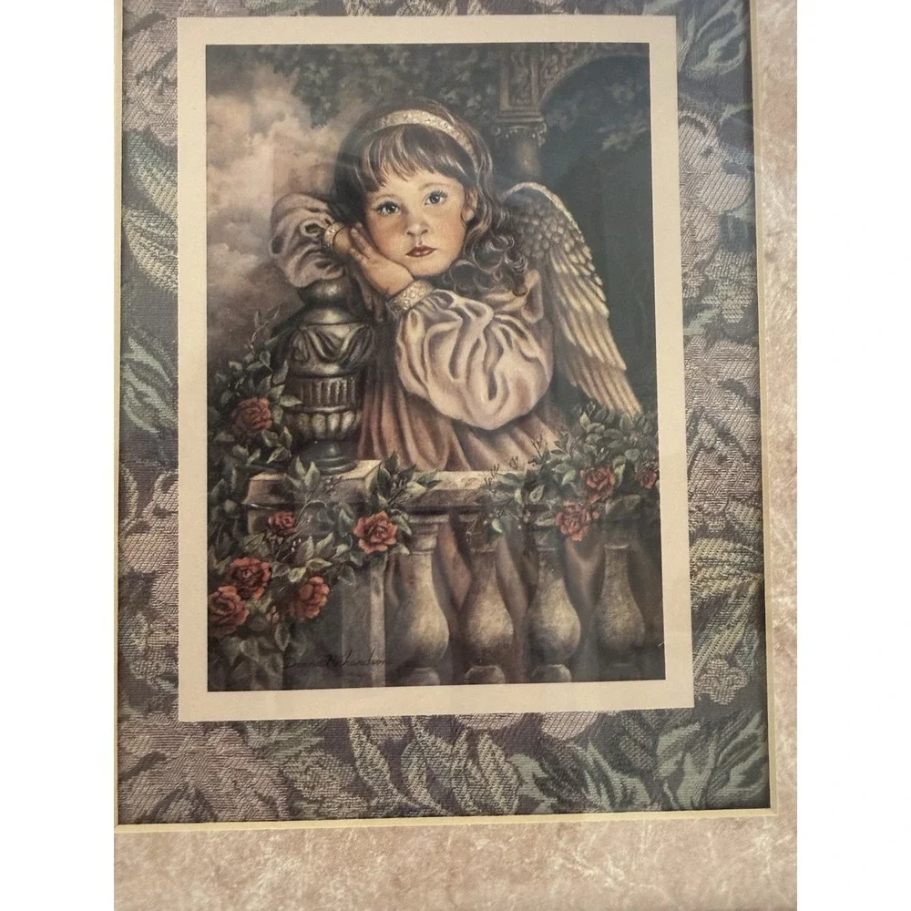 Vtg Home Interiors Angel Unaware Framed Print Donna Richardson Floral Matting